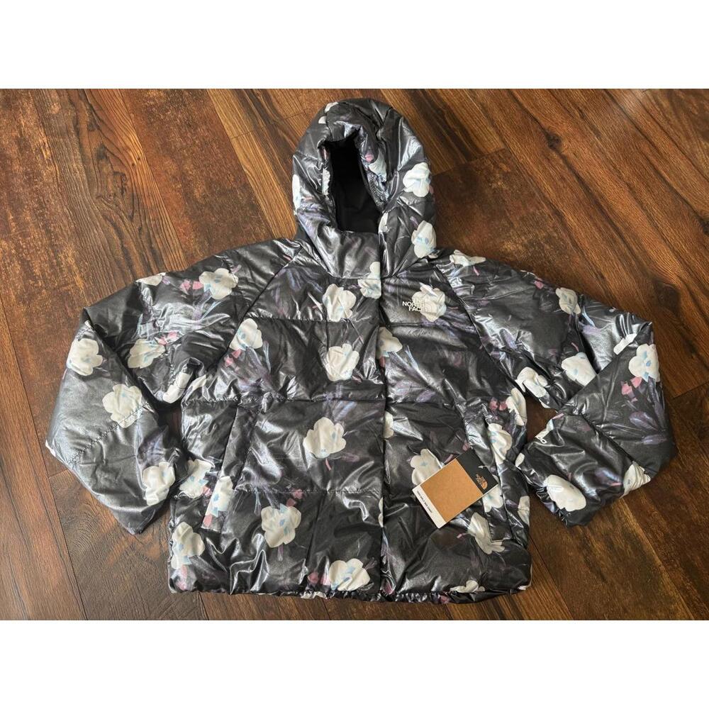 NEW North Face Girls North Down Hooded Jacket 600 Fill XL (14/16) TNF Blk Floral